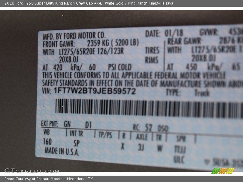2018 F250 Super Duty King Ranch Crew Cab 4x4 White Gold Color Code GN