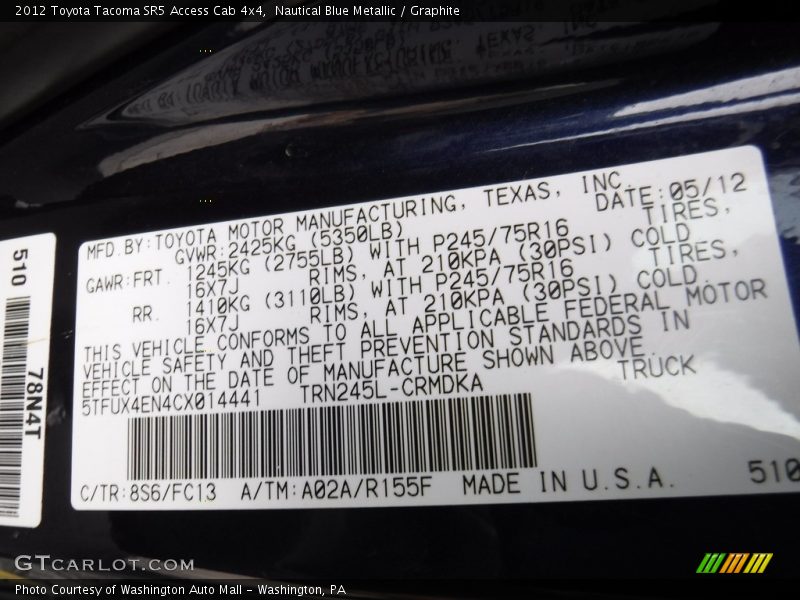 Nautical Blue Metallic / Graphite 2012 Toyota Tacoma SR5 Access Cab 4x4