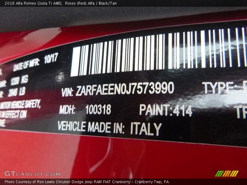 Rosso (Red) Alfa / Black/Tan 2018 Alfa Romeo Giulia Ti AWD