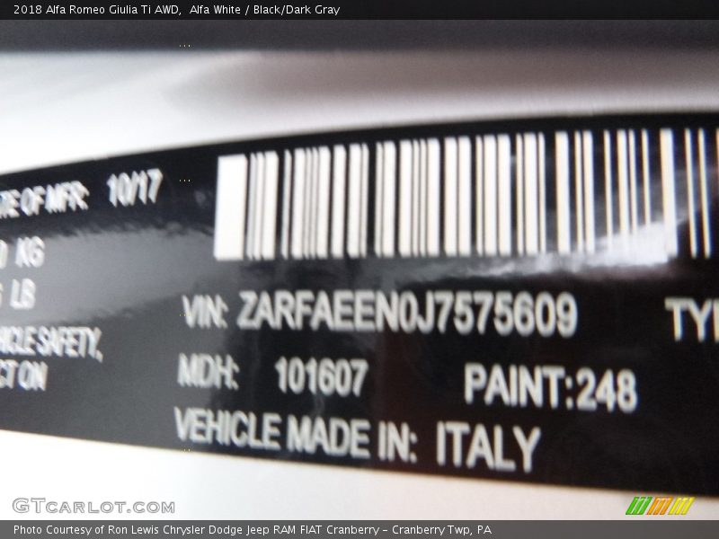 Alfa White / Black/Dark Gray 2018 Alfa Romeo Giulia Ti AWD