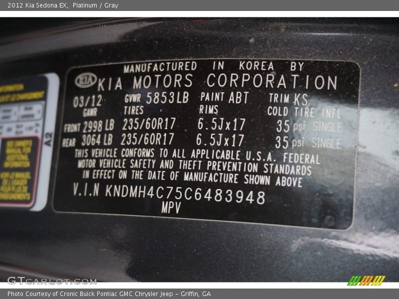 Platinum / Gray 2012 Kia Sedona EX