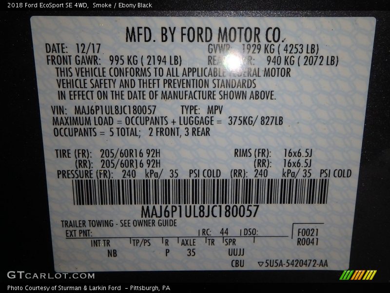 Smoke / Ebony Black 2018 Ford EcoSport SE 4WD