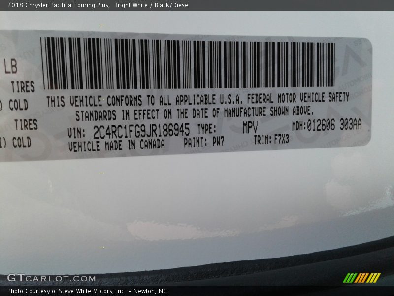 2018 Pacifica Touring Plus Bright White Color Code PW7