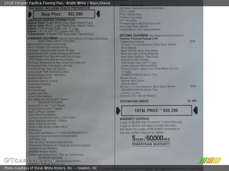 Bright White / Black/Diesel 2018 Chrysler Pacifica Touring Plus