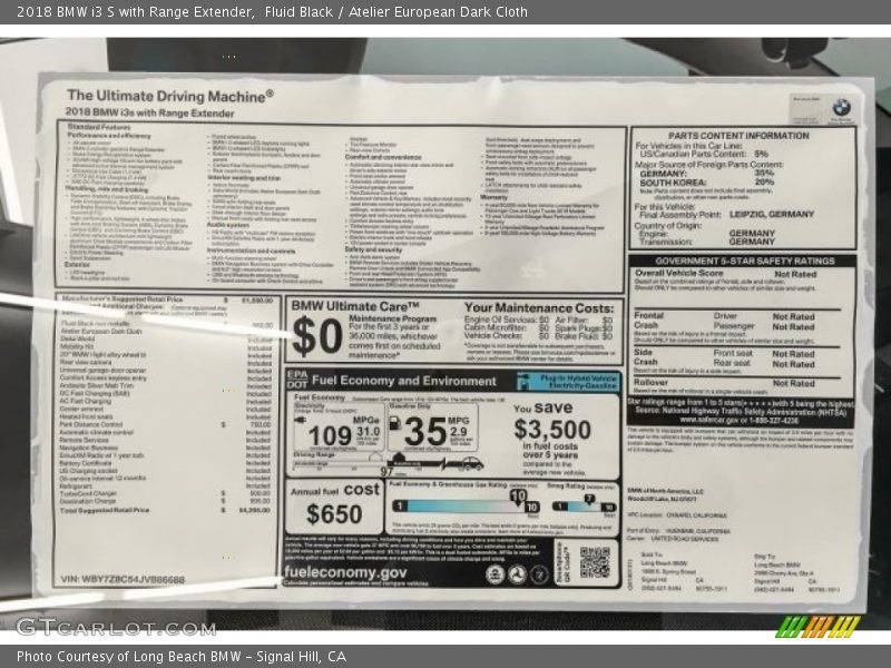  2018 i3 S with Range Extender Window Sticker