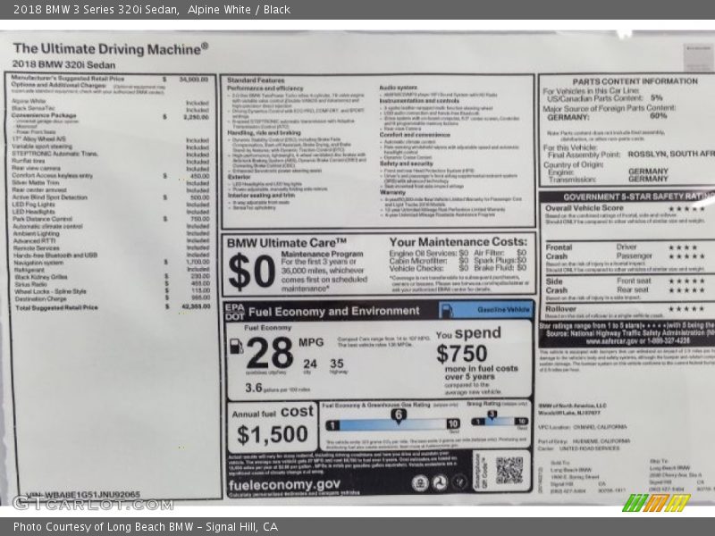  2018 3 Series 320i Sedan Window Sticker