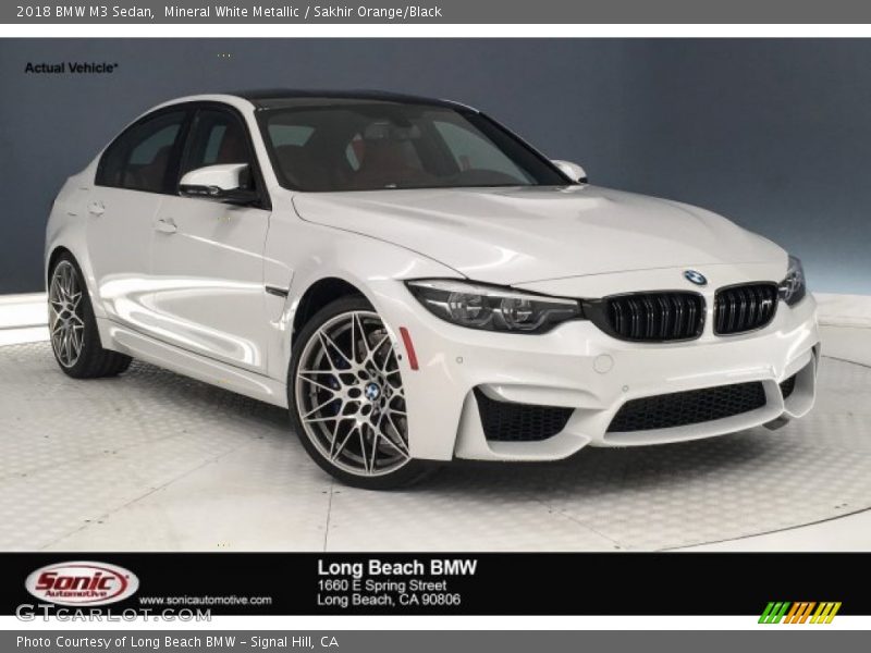 Mineral White Metallic / Sakhir Orange/Black 2018 BMW M3 Sedan
