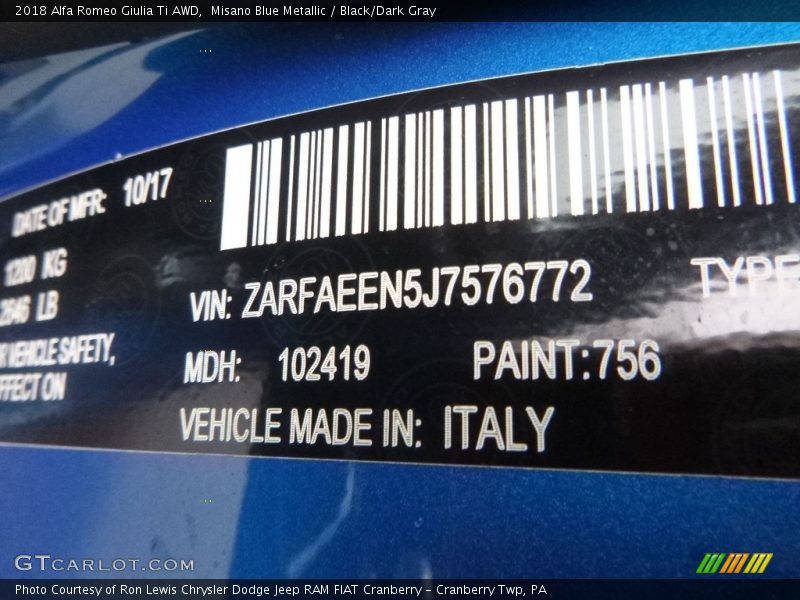 2018 Giulia Ti AWD Misano Blue Metallic Color Code 756