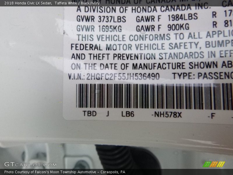 Taffeta White / Black/Ivory 2018 Honda Civic LX Sedan