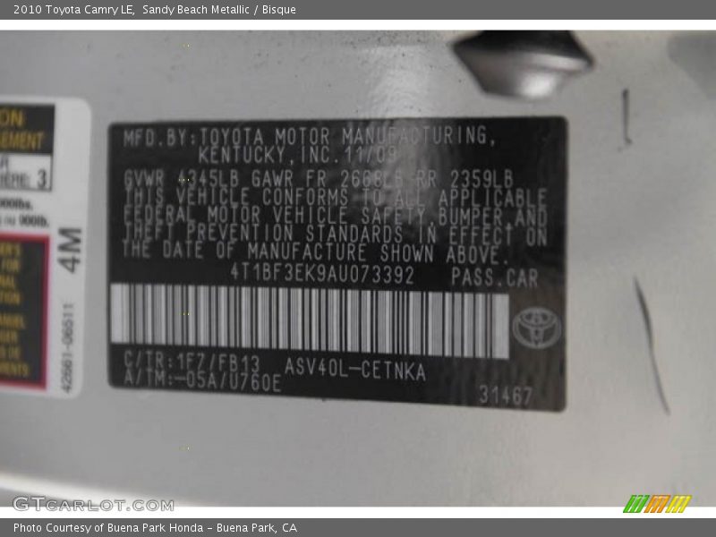 Sandy Beach Metallic / Bisque 2010 Toyota Camry LE