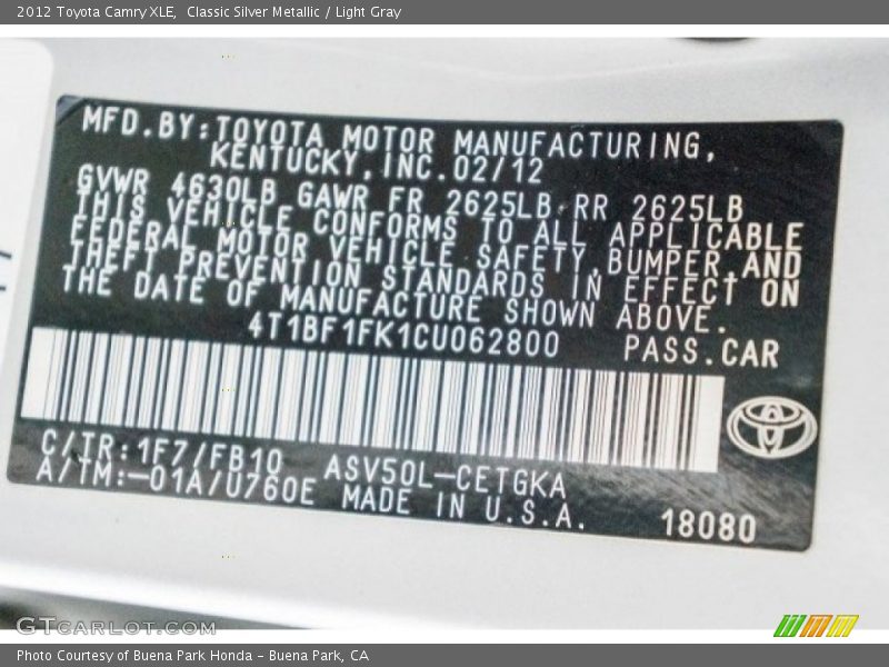Classic Silver Metallic / Light Gray 2012 Toyota Camry XLE