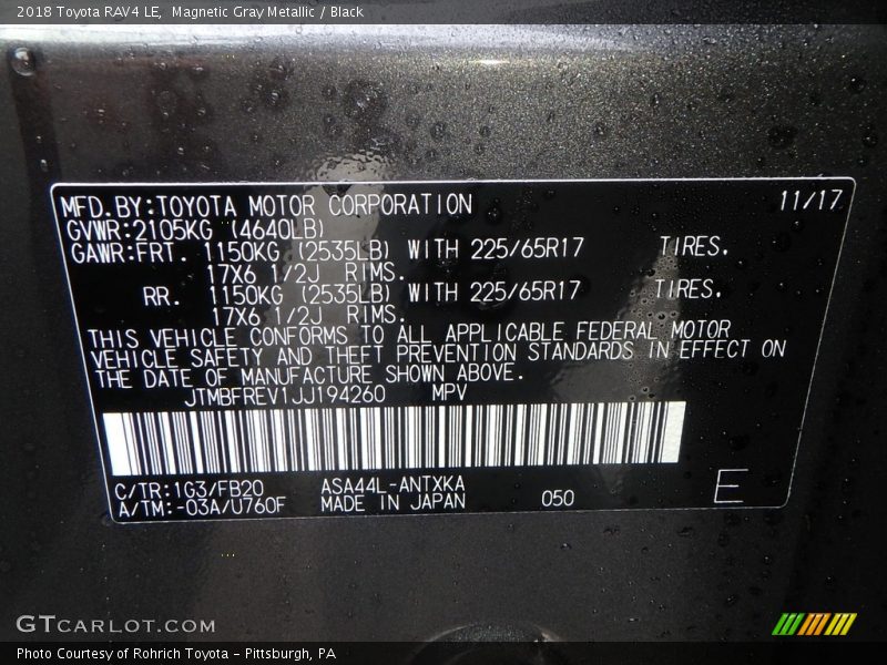 Magnetic Gray Metallic / Black 2018 Toyota RAV4 LE