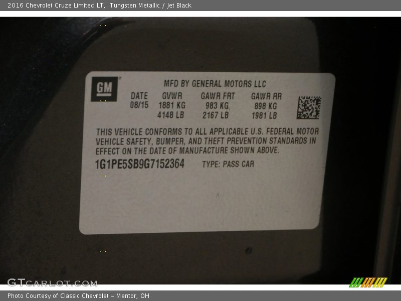 Tungsten Metallic / Jet Black 2016 Chevrolet Cruze Limited LT