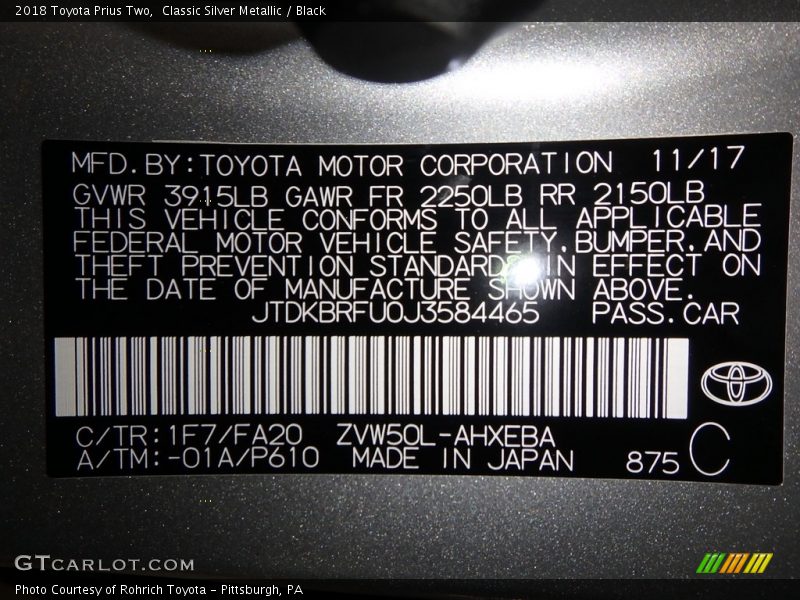 Classic Silver Metallic / Black 2018 Toyota Prius Two