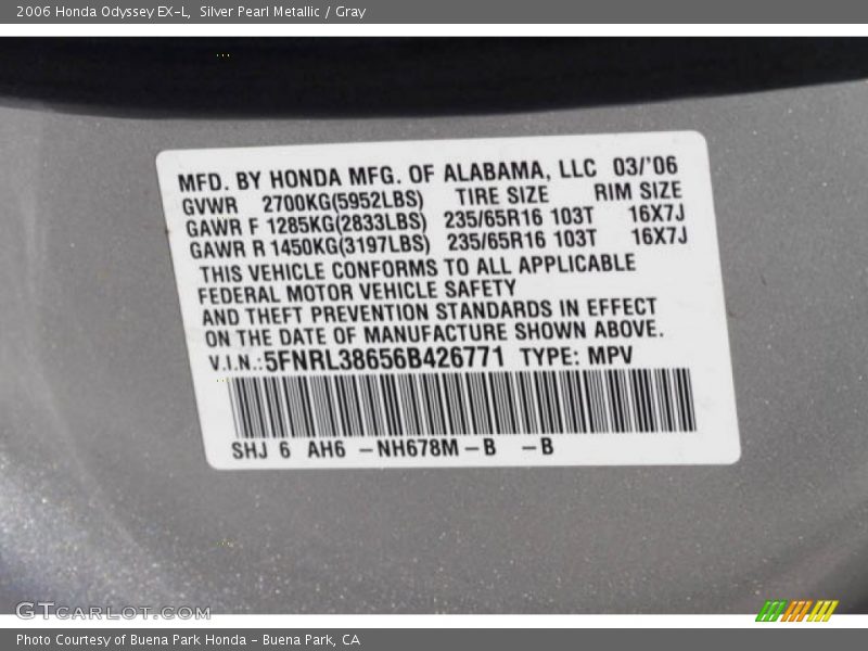 Silver Pearl Metallic / Gray 2006 Honda Odyssey EX-L