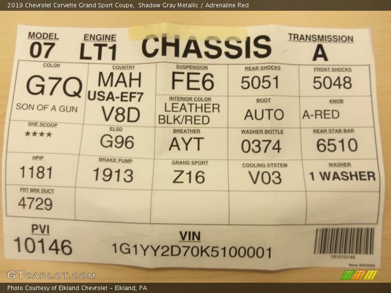 Info Tag of 2019 Corvette Grand Sport Coupe