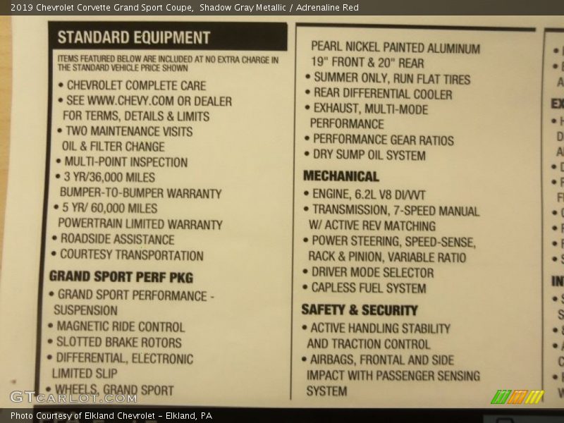  2019 Corvette Grand Sport Coupe Window Sticker