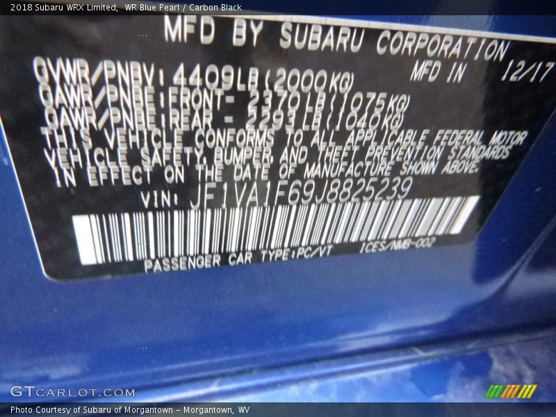 WR Blue Pearl / Carbon Black 2018 Subaru WRX Limited