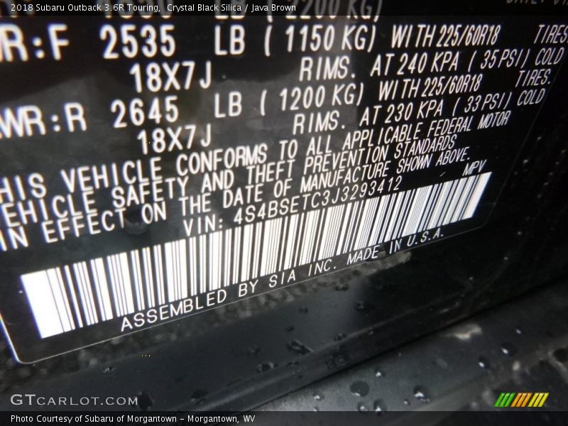 Crystal Black Silica / Java Brown 2018 Subaru Outback 3.6R Touring