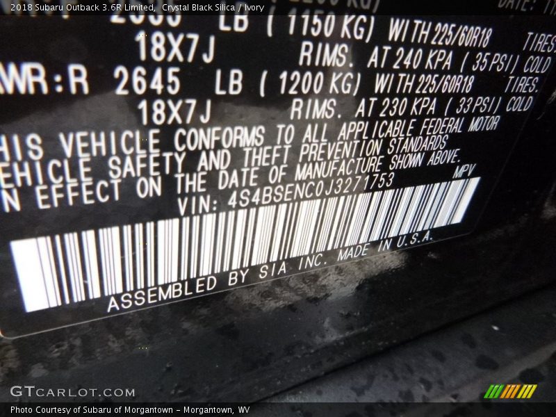 Crystal Black Silica / Ivory 2018 Subaru Outback 3.6R Limited