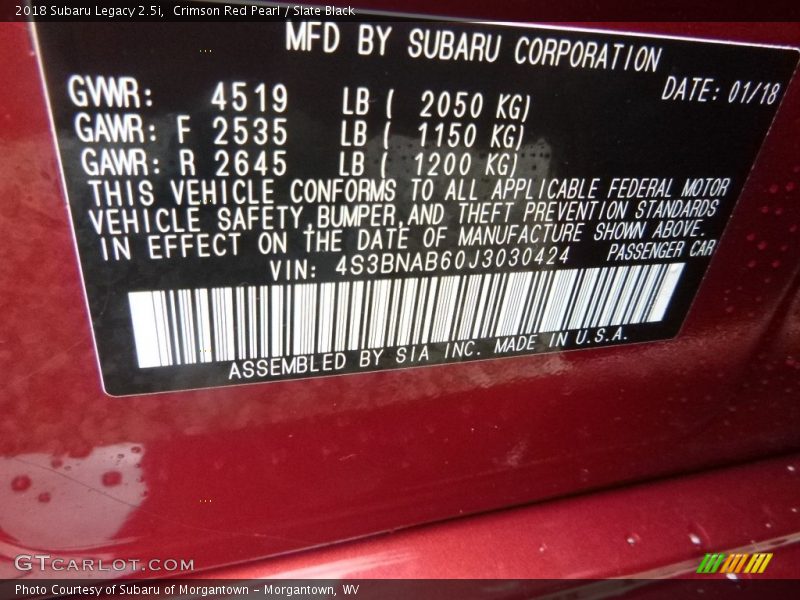 Crimson Red Pearl / Slate Black 2018 Subaru Legacy 2.5i