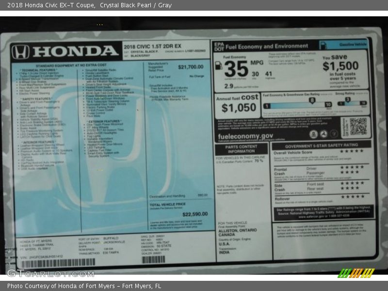 Crystal Black Pearl / Gray 2018 Honda Civic EX-T Coupe