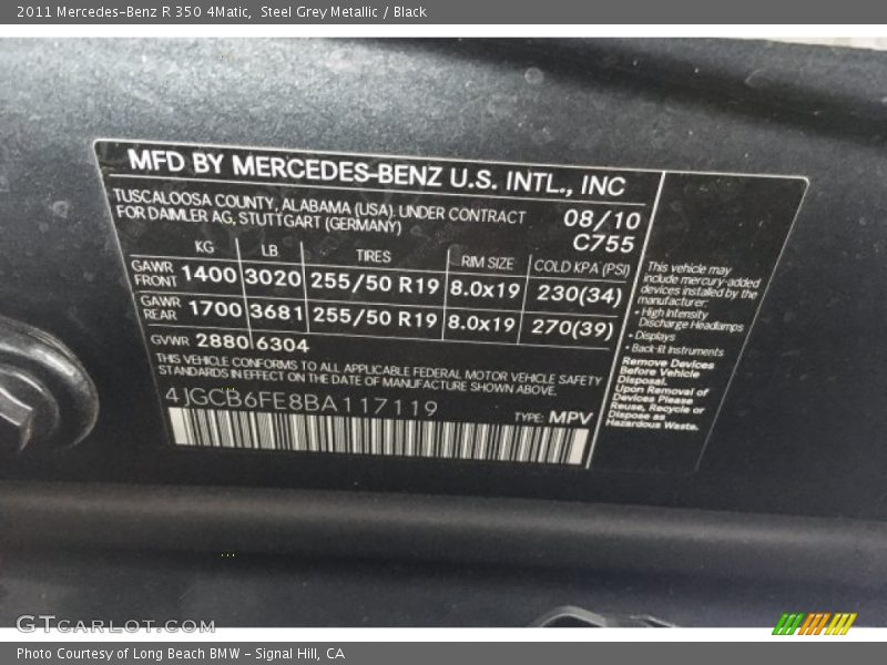 Steel Grey Metallic / Black 2011 Mercedes-Benz R 350 4Matic