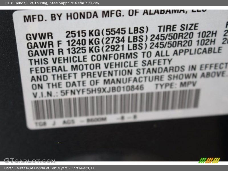 Steel Sapphire Metallic / Gray 2018 Honda Pilot Touring