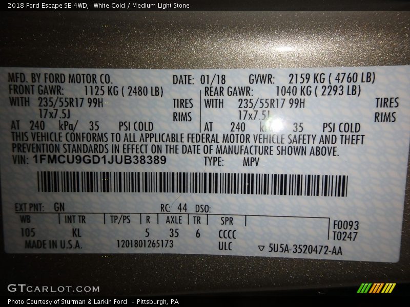 White Gold / Medium Light Stone 2018 Ford Escape SE 4WD