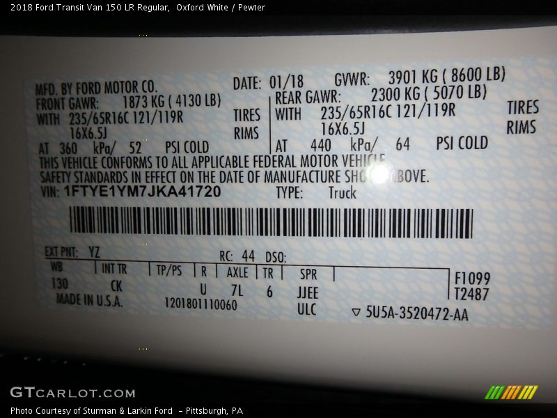2018 Transit Van 150 LR Regular Oxford White Color Code YZ