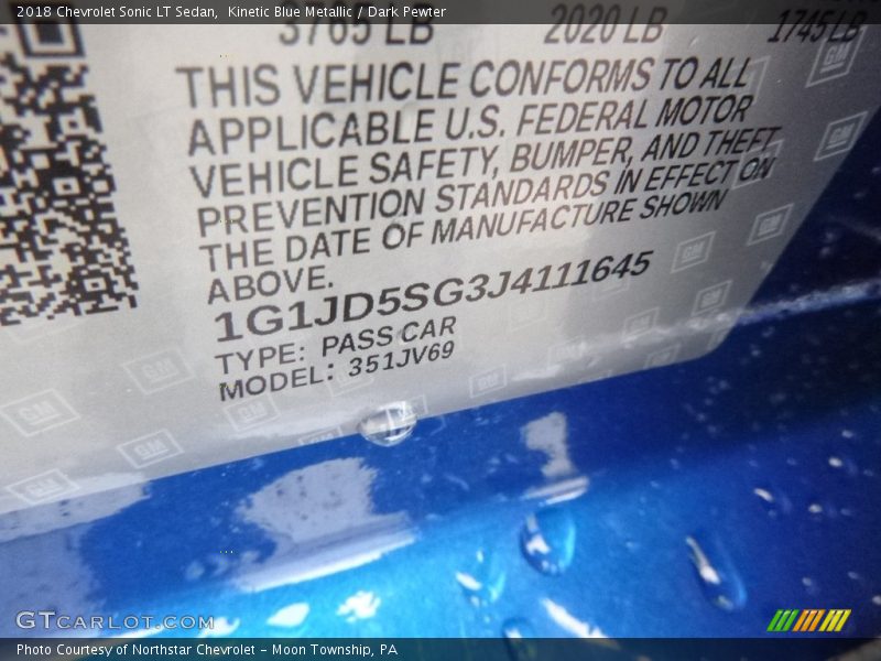 Kinetic Blue Metallic / Dark Pewter 2018 Chevrolet Sonic LT Sedan
