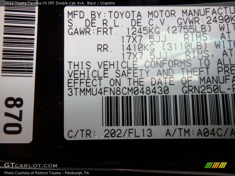 Black / Graphite 2012 Toyota Tacoma V6 SR5 Double Cab 4x4