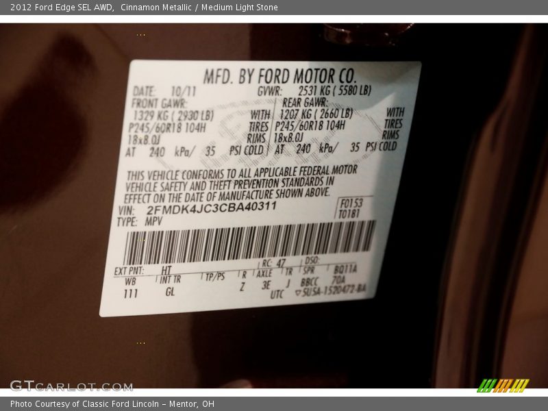 Cinnamon Metallic / Medium Light Stone 2012 Ford Edge SEL AWD