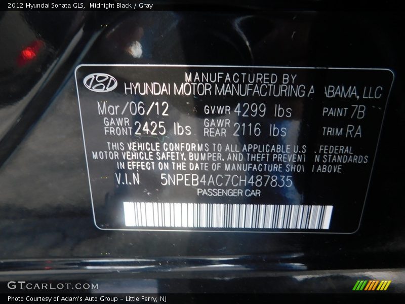 Midnight Black / Gray 2012 Hyundai Sonata GLS