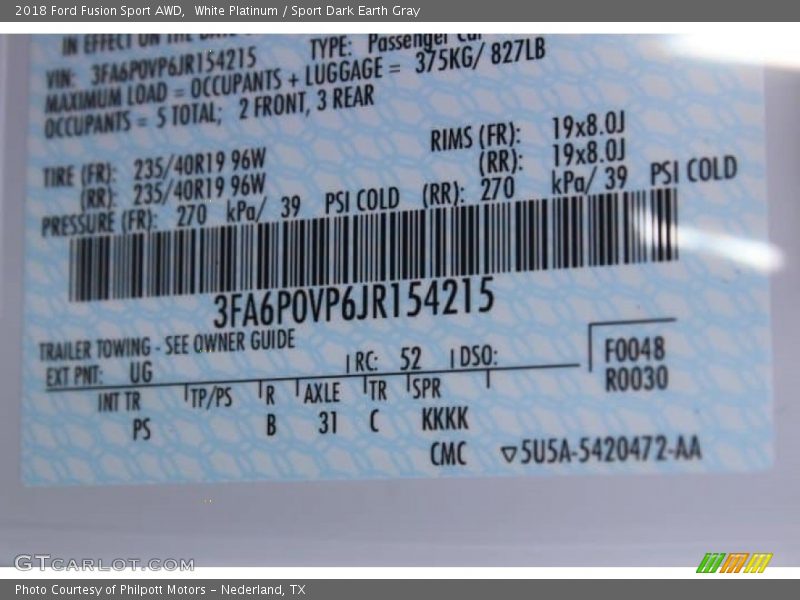 White Platinum / Sport Dark Earth Gray 2018 Ford Fusion Sport AWD