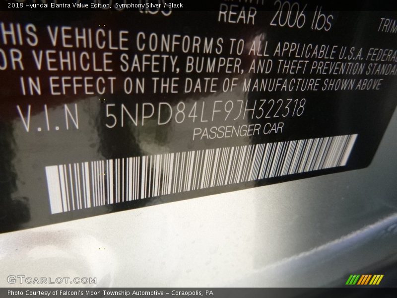 Symphony Silver / Black 2018 Hyundai Elantra Value Edition