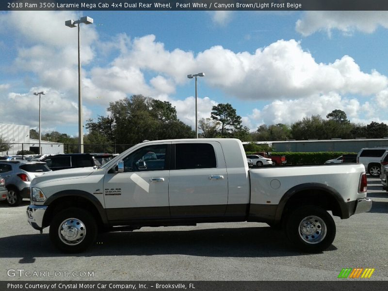 Pearl White / Canyon Brown/Light Frost Beige 2018 Ram 3500 Laramie Mega Cab 4x4 Dual Rear Wheel