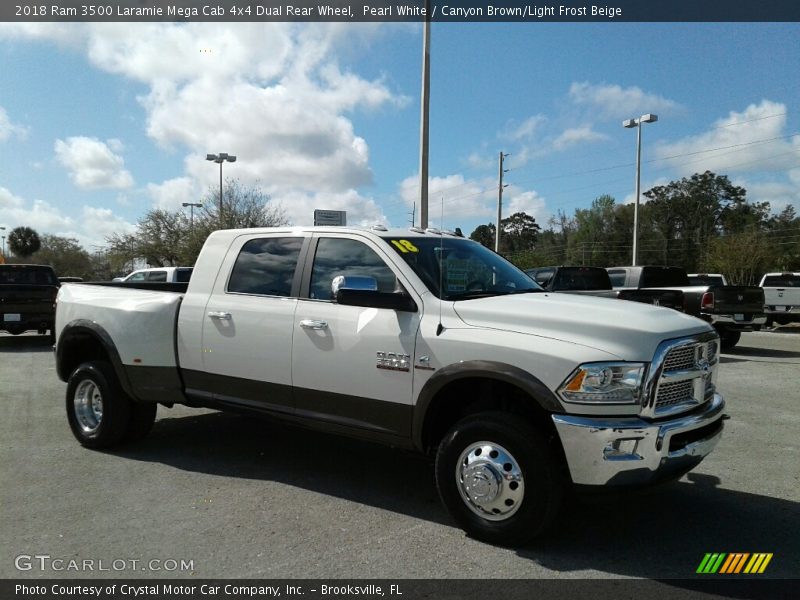 Pearl White / Canyon Brown/Light Frost Beige 2018 Ram 3500 Laramie Mega Cab 4x4 Dual Rear Wheel