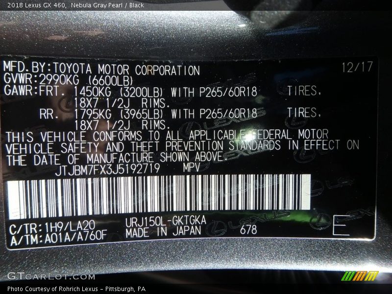 Nebula Gray Pearl / Black 2018 Lexus GX 460