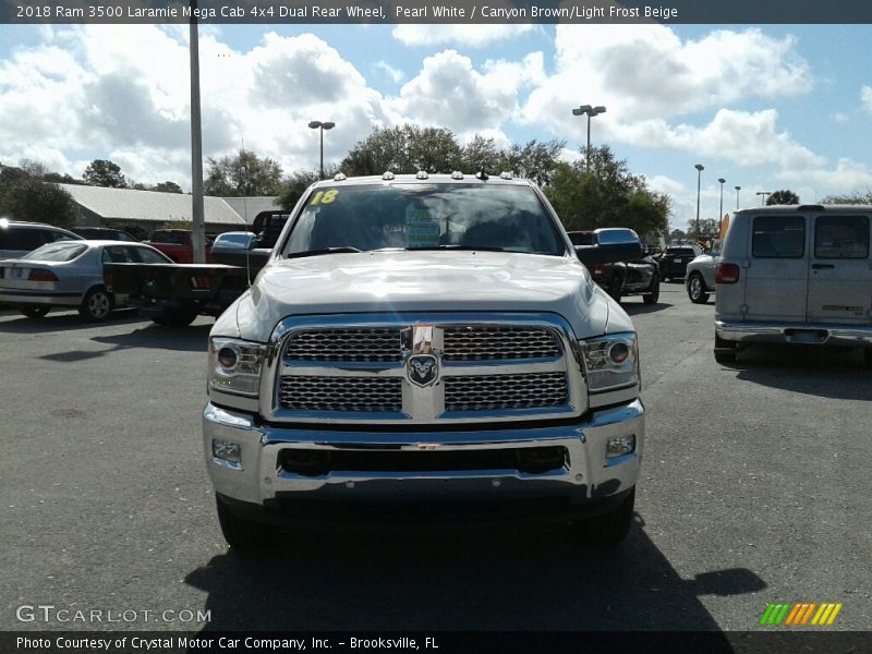 Pearl White / Canyon Brown/Light Frost Beige 2018 Ram 3500 Laramie Mega Cab 4x4 Dual Rear Wheel
