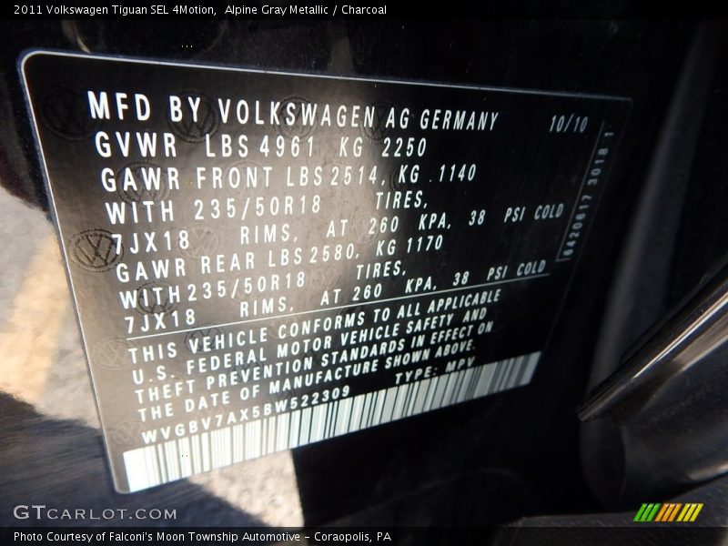 Alpine Gray Metallic / Charcoal 2011 Volkswagen Tiguan SEL 4Motion