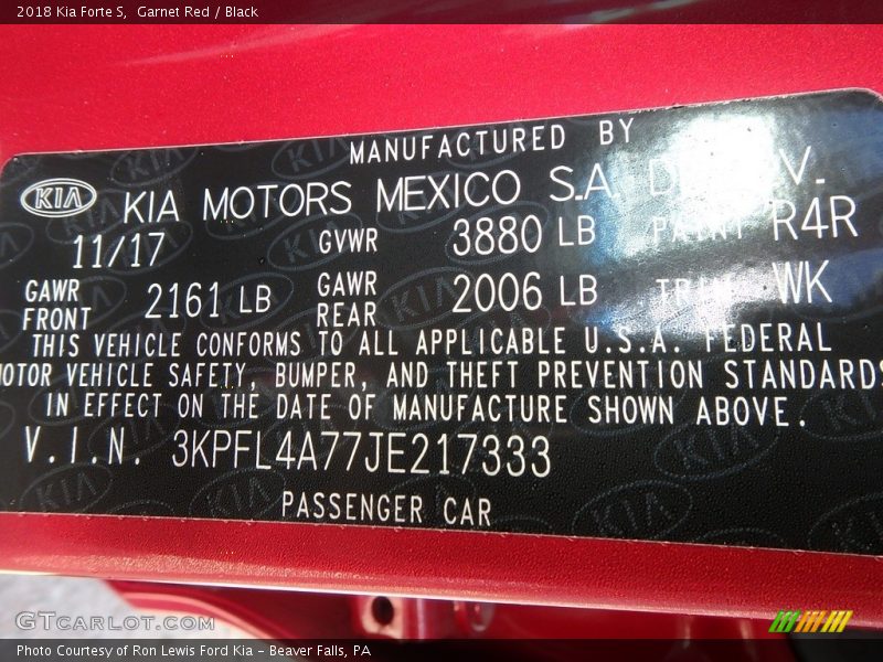 Garnet Red / Black 2018 Kia Forte S