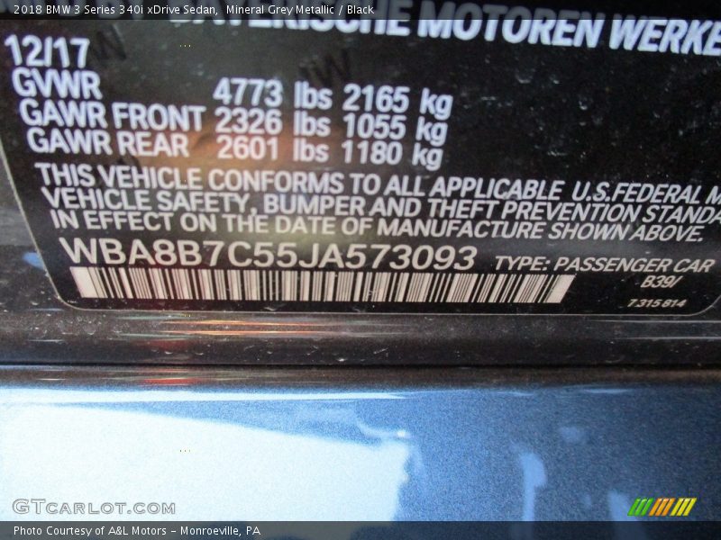 Mineral Grey Metallic / Black 2018 BMW 3 Series 340i xDrive Sedan