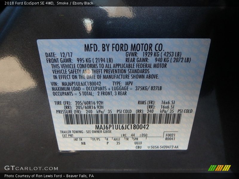 Smoke / Ebony Black 2018 Ford EcoSport SE 4WD
