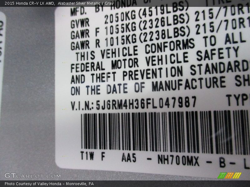 Alabaster Silver Metallic / Gray 2015 Honda CR-V LX AWD