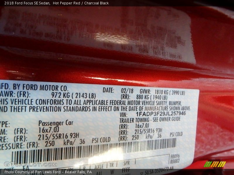 2018 Focus SE Sedan Hot Pepper Red Color Code EA
