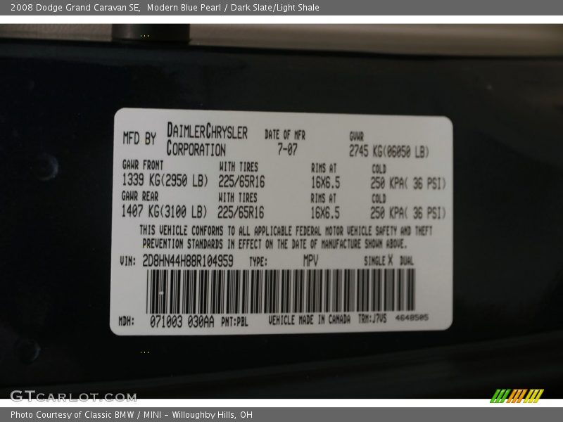 Modern Blue Pearl / Dark Slate/Light Shale 2008 Dodge Grand Caravan SE
