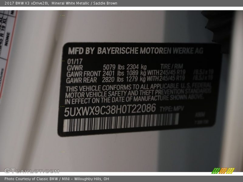 Mineral White Metallic / Saddle Brown 2017 BMW X3 xDrive28i