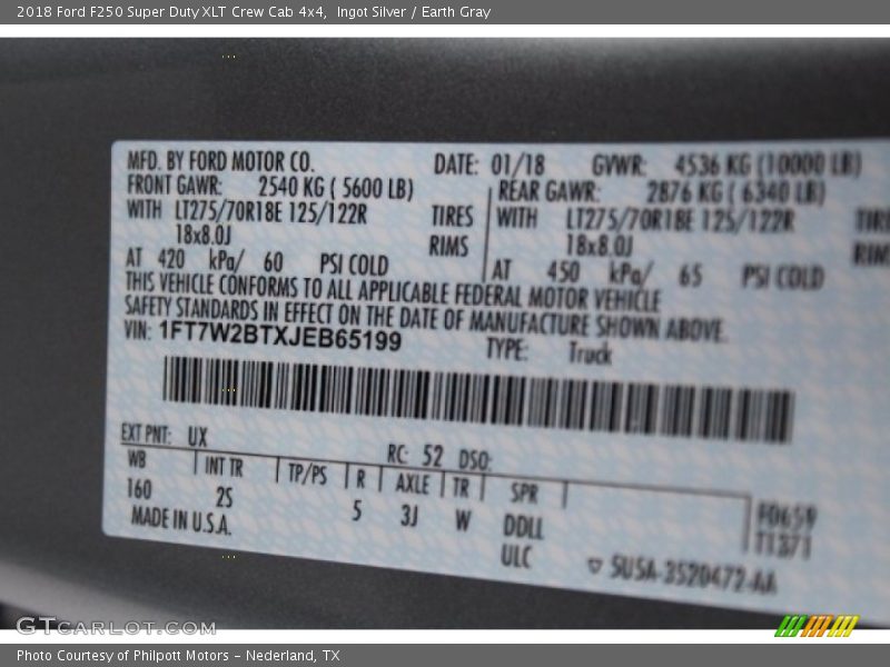Ingot Silver / Earth Gray 2018 Ford F250 Super Duty XLT Crew Cab 4x4