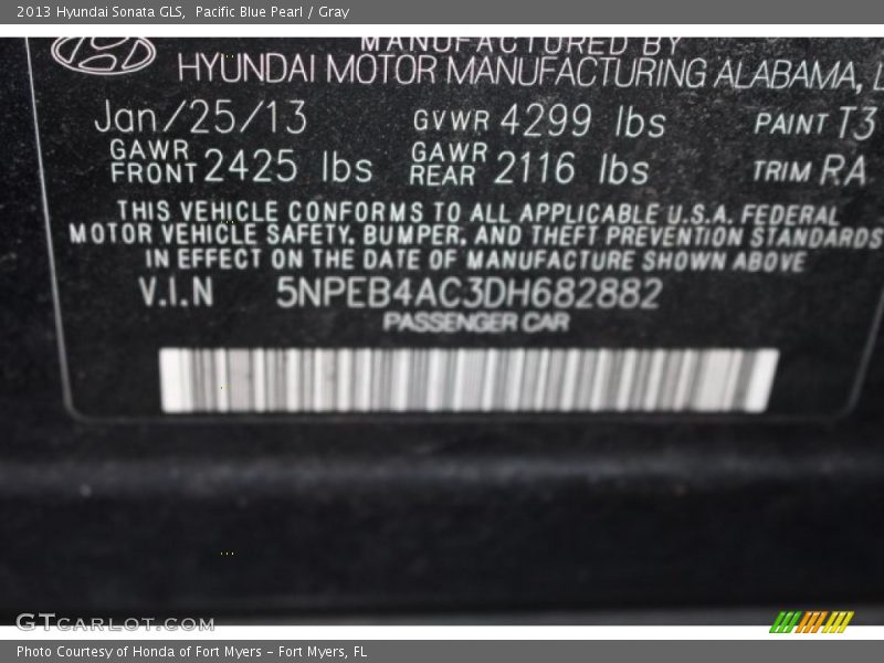 Pacific Blue Pearl / Gray 2013 Hyundai Sonata GLS